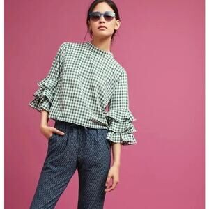 Anthropologie Sunday in Brooklyn 3/4 Sleeve Ruffled Checked Top Green Size Large